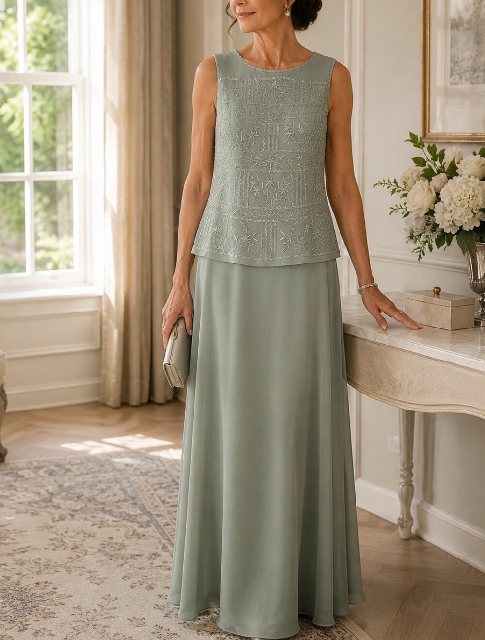 Vintage Sage Beaded Formal Dress Set Size 6 Minimalist Evening Gown